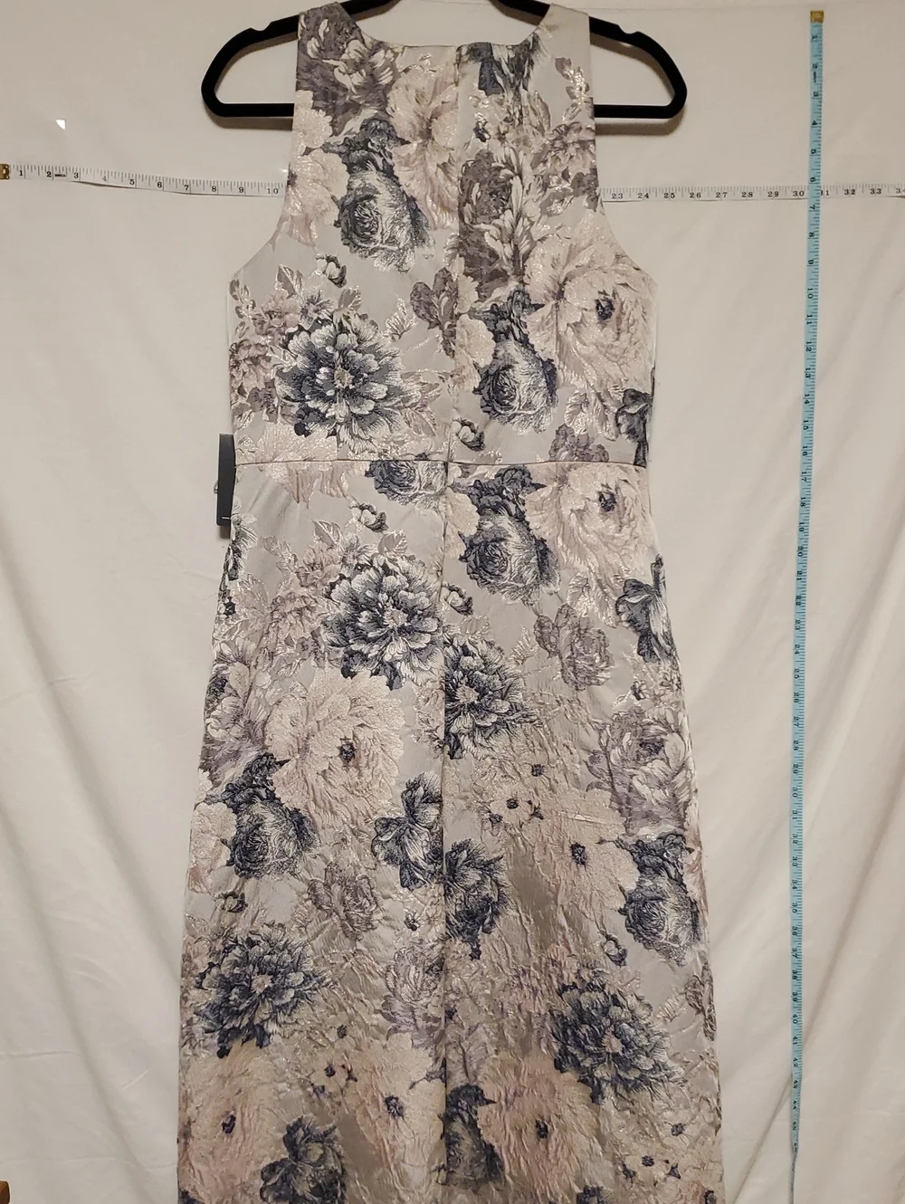 Adrianna Papell Silver Maxi Dress with Navy Floral Jacquard Sz 14